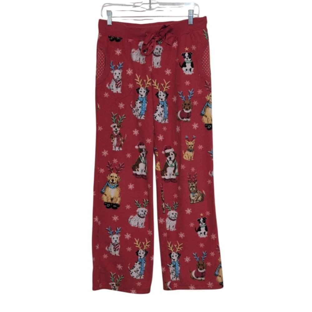 Nick & Nora Fleece Dog Reindeer Pajama Pants Womens Size Small Red Drawstring